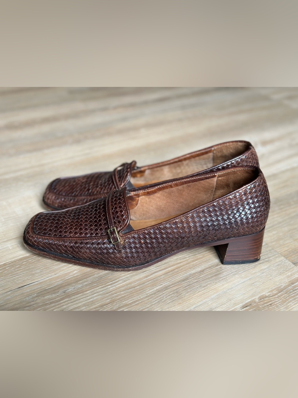 Sesto Meucci Hand Woven Leather Pumps Brown Italian Loafers 90s Vintage Size 10 - Picture 3 of 10